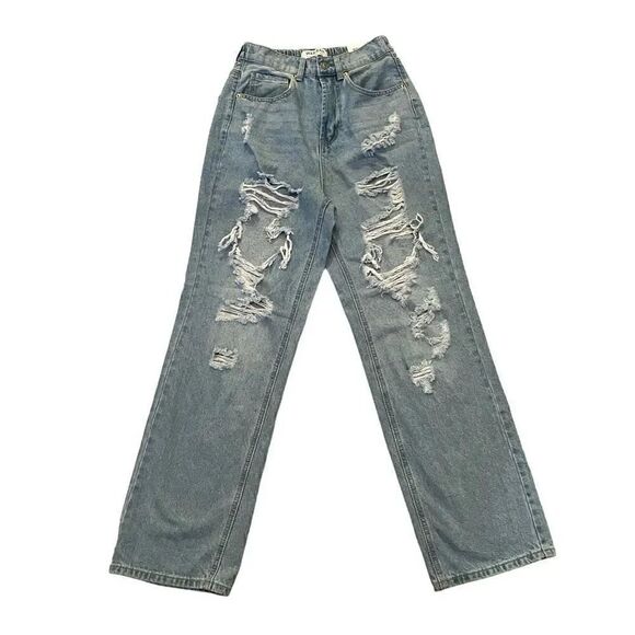Wax Jean Y2K  Wide Leg  Distressed Shredded Light Blue High Waist  Jeans Sz M - Picture 1 of 13
